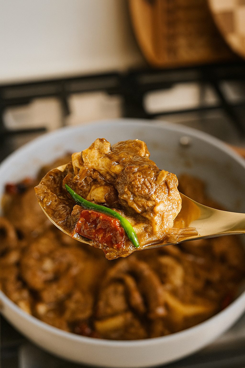 Beef curry on a serving spoon